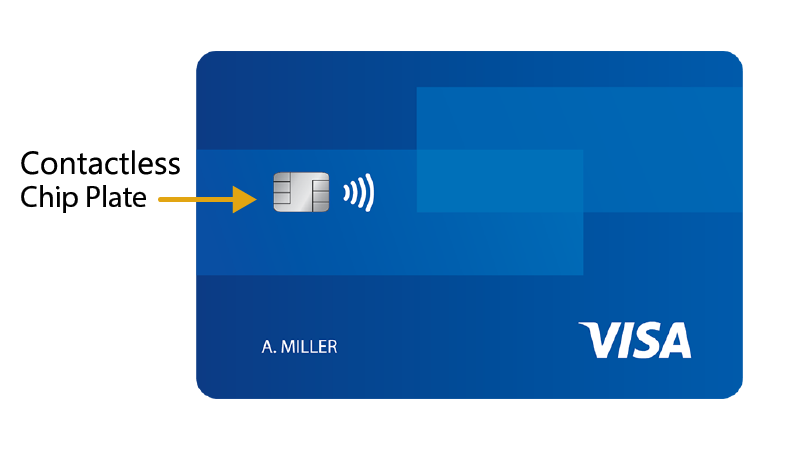 Front of Visa chip-enabled credit card with arrow pointing to the chip plate.